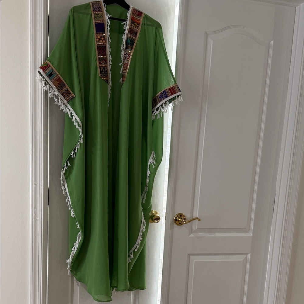 Vibrant Green Embroidered Kaftan with Tassel Trim